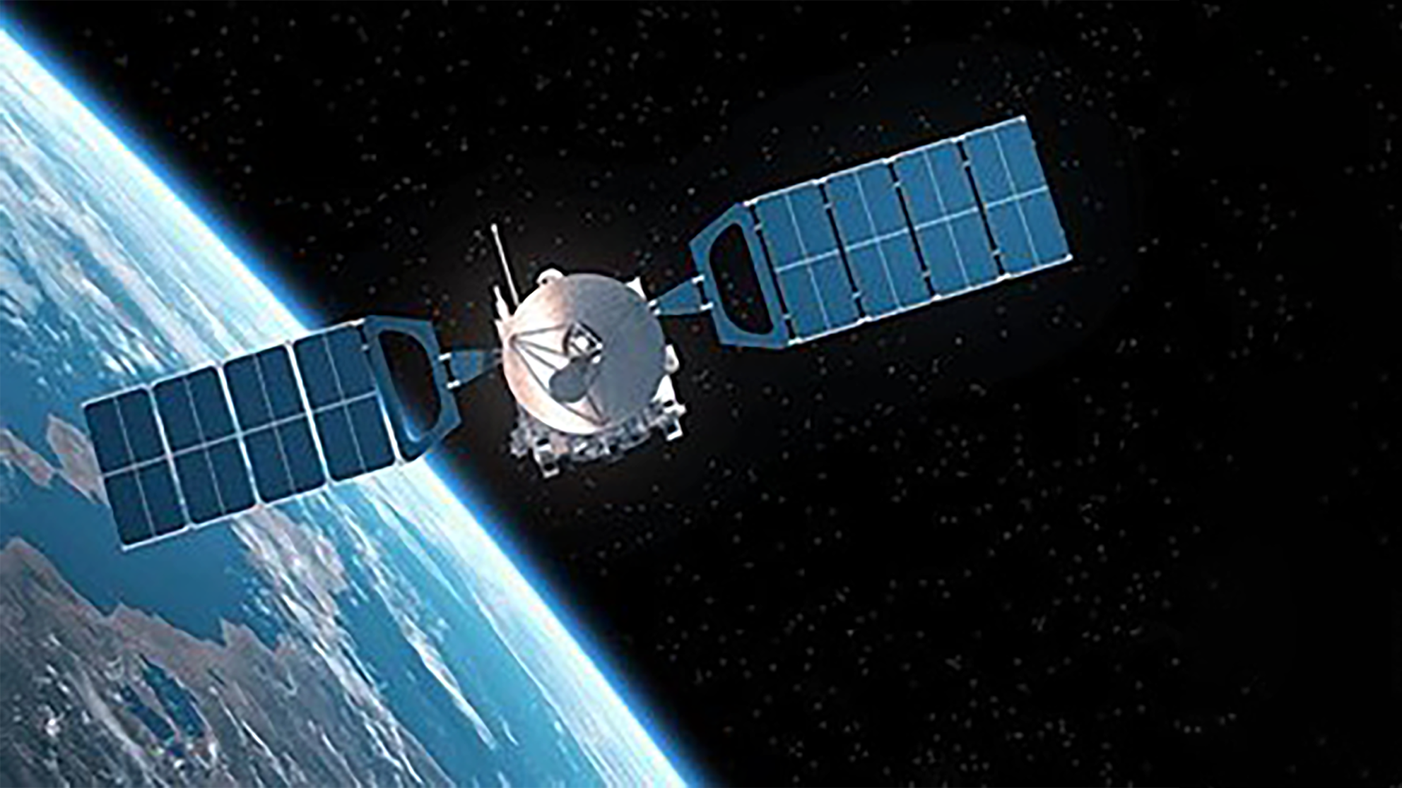 A graphic showing a satellite floating in space in Earth's orbit